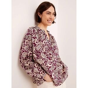 Vanessa Bruno Nipoa Top Sz US S Plum Garden 100% Cotton Burgundy Floral Smocking